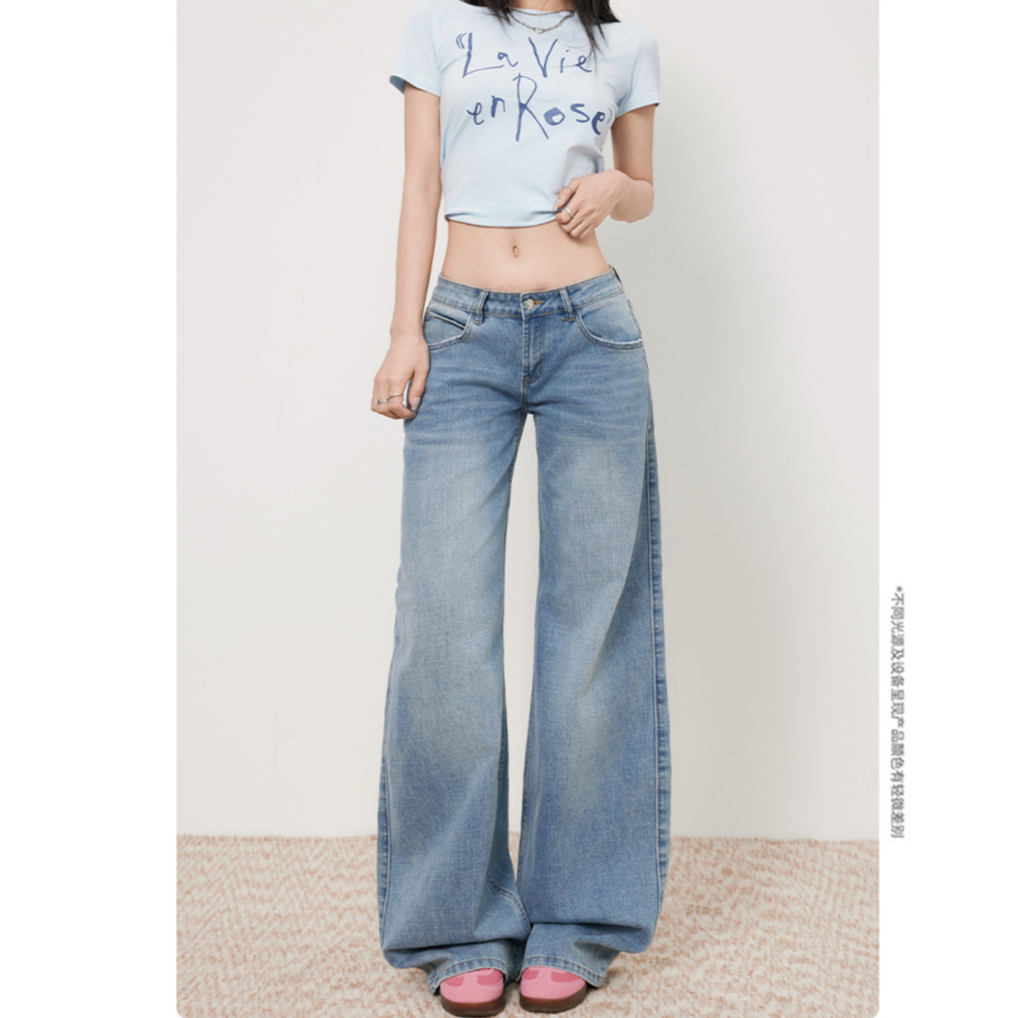 美式复古浅色低腰牛仔裤女2025新款宽松设计感工装直筒阔腿拖地裤