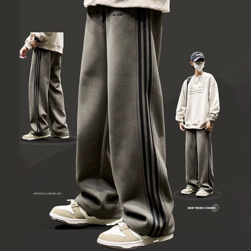 潮牌秋冬季加绒重磅直筒卫裤男士美式复古侧条纹长裤运动休闲裤子