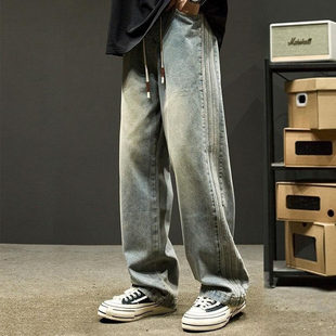 潮牌秋冬季加绒加厚美式宽松直筒牛仔裤男士条纹复古阔腿裤长裤子
