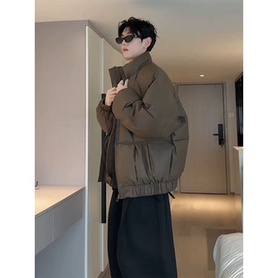 美拉德廓形皮面羽绒棉服男冬季宽松加厚保暖方格立领免洗棉衣外套