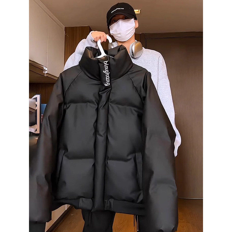 Aymelon美式PU皮刺绣立领羽绒服男款冬季短款宽松加厚面包服外套