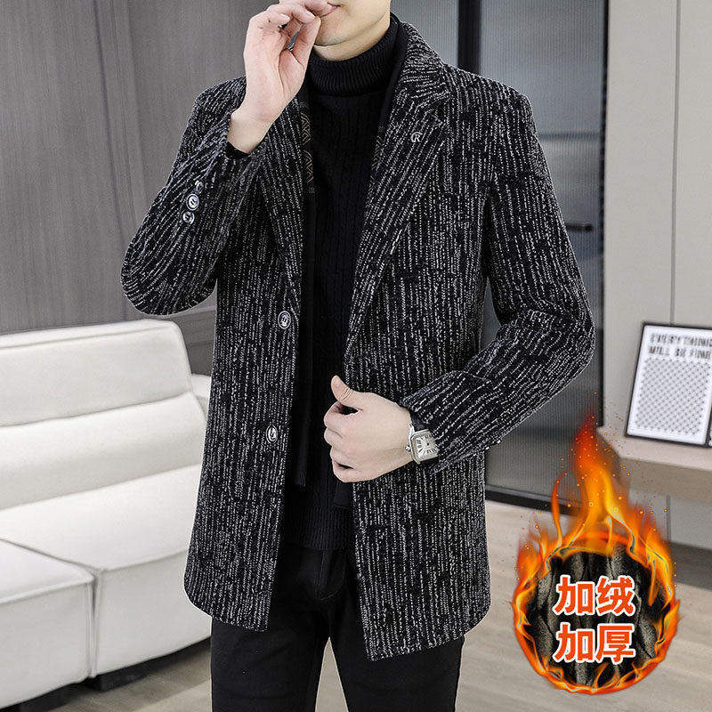 中长款毛呢外套男冬季条纹加绒加厚潮流时尚脱卸围巾西装领大衣男