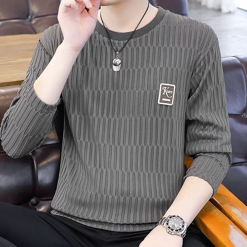 男士长袖t恤2025新款圆领修身秋冬季桑蚕丝休闲纯色加绒打底衫男