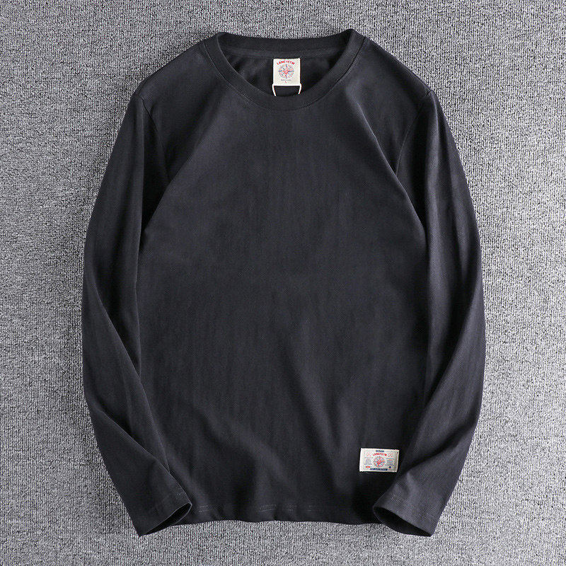 代购香港潮男春秋简约复古纯棉磨毛圆领长袖T恤男纯色休闲打底衫