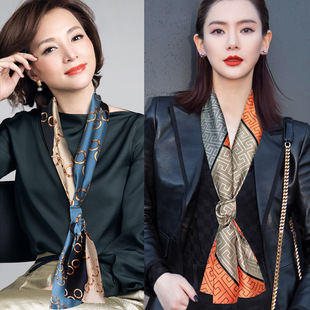 长条丝巾女明星同款春秋细窄小领巾仿真丝印花领带百搭围巾优雅