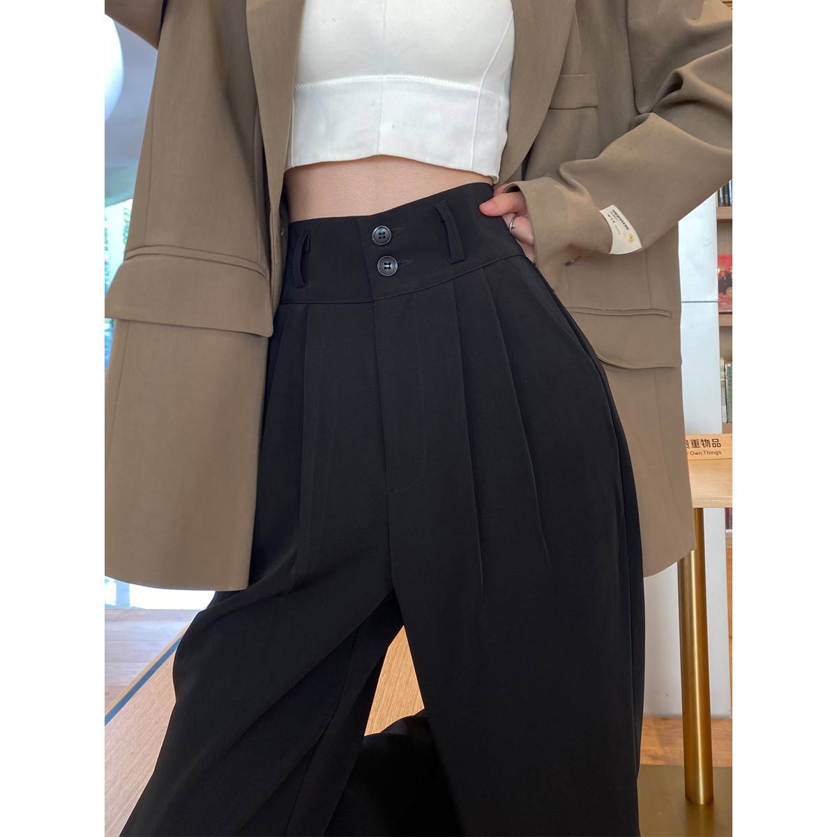 黑色阔腿裤女春秋冬加绒高腰西装裤百搭显瘦拖地直筒梨形身材裤子