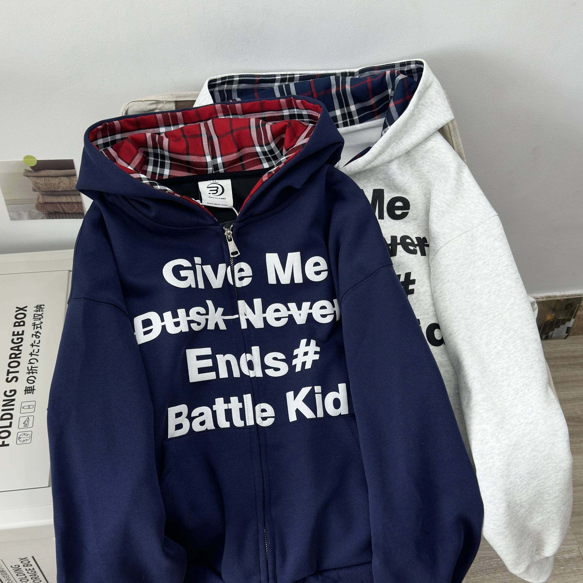 Nuneon美式高街假两件格子开衫连帽衫加绒卫衣外套秋冬宽松女情侣