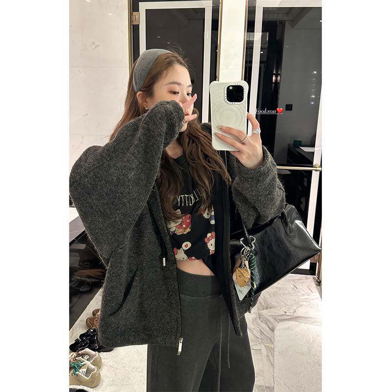 HEYGIRL黑哥 机场女明星 复合加厚保暖卫衣女冬抽绳连帽拉链外套