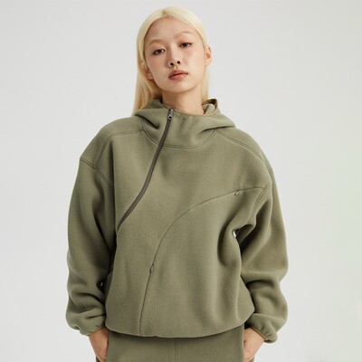 oneup加绒加厚摇粒绒外套女秋冬季宽松美式复古拉链开衫连帽卫衣