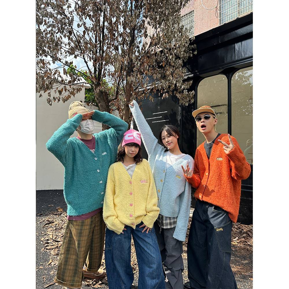 EAHO自制美式复古纽扣V领纯色开衫毛衣外套男女秋冬季情侣针织衫