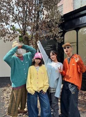 EAHO自制美式复古纽扣V领纯色开衫毛衣外套男女秋冬季情侣针织衫