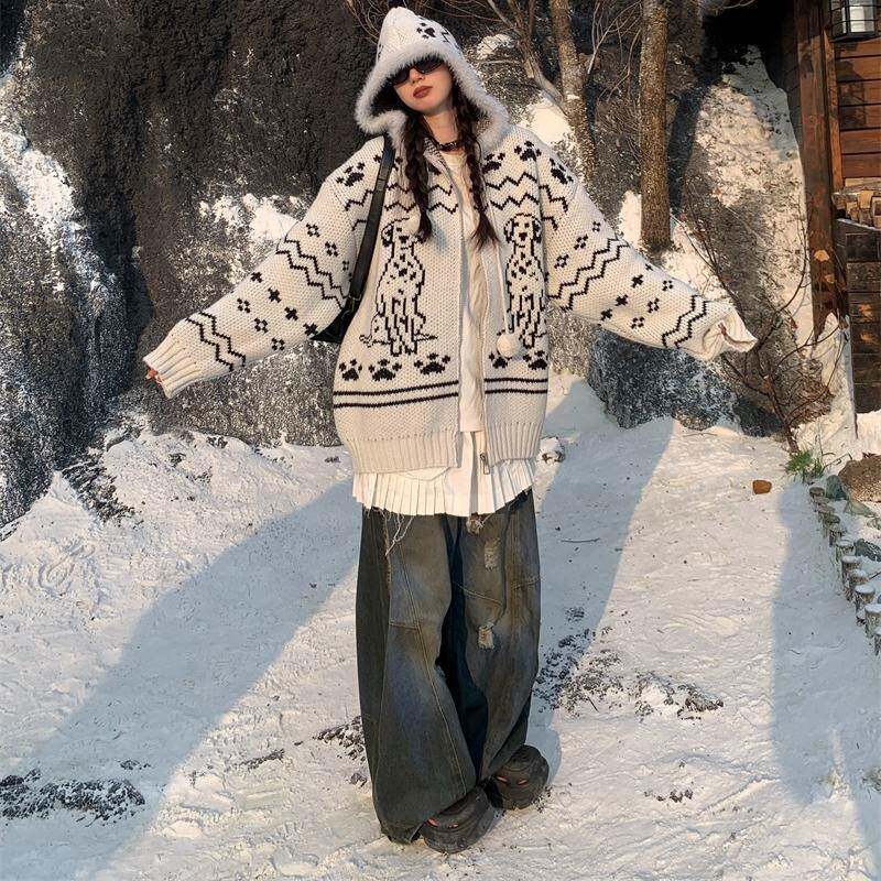 198布丁 美式复古斑点狗提花连帽毛衣外套女秋冬设计感拉链针织衫