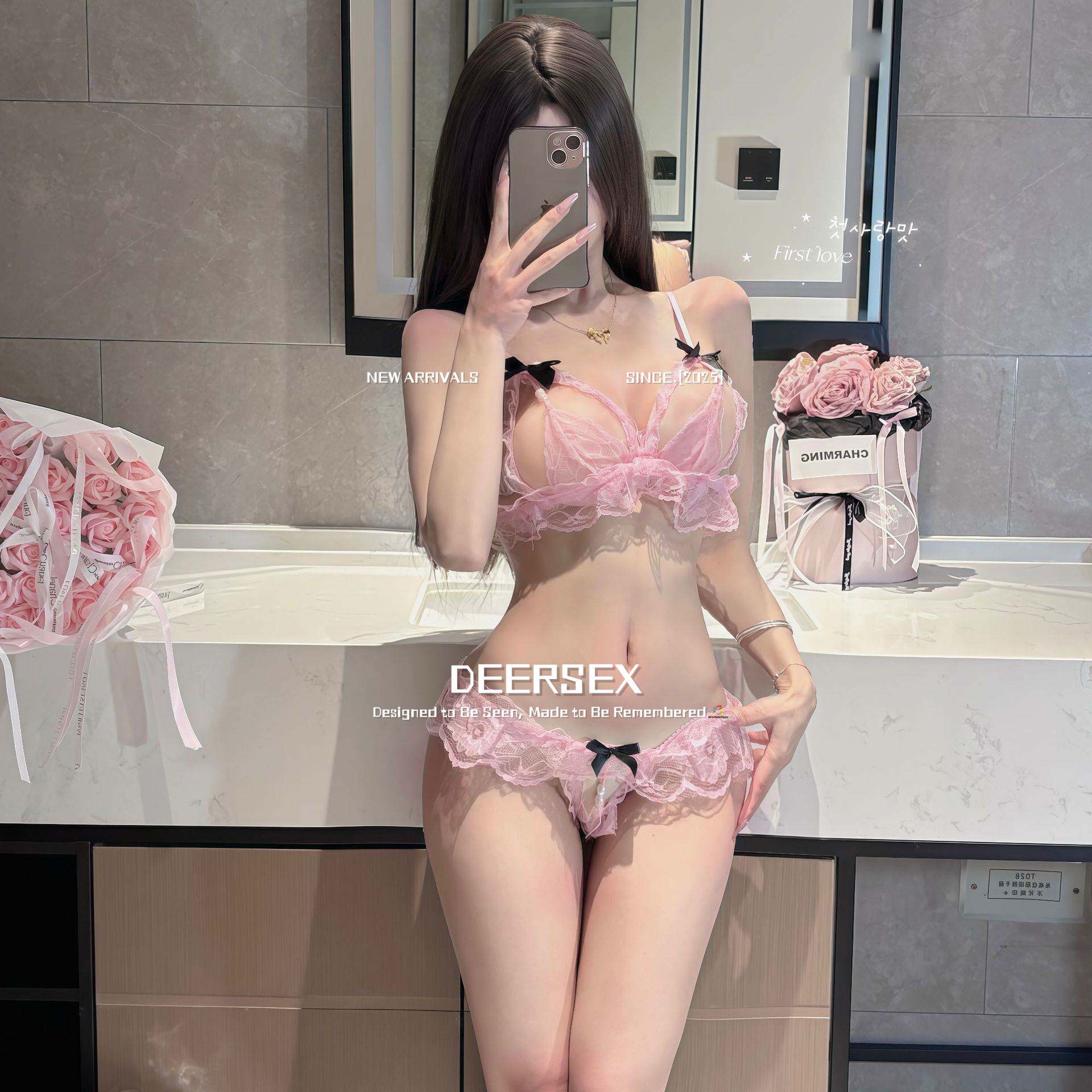 三点式qq内衣蕾丝花边珍珠比基尼甜美少女心蝴蝶三点文胸套装趣味