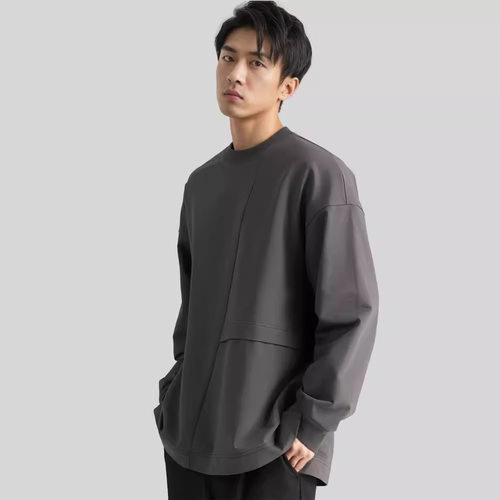 重磅360G日式廓形复古潮牌棉质双纱混纺结构式褶饰圆领长袖卫衣男