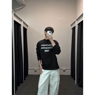 【AC1996】经典印花重磅小领口纯棉宽松休闲长袖T恤男女同款