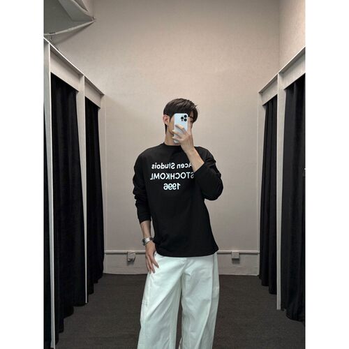 【AC1996】经典印花重磅小领口纯棉宽松休闲长袖T恤男女同款