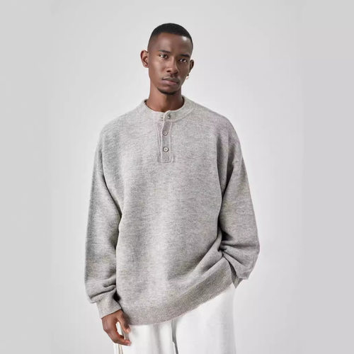 FBUF中性风亨利领毛衣男冬季可机洗黑色毛线衫慵懒高级打底针织衫