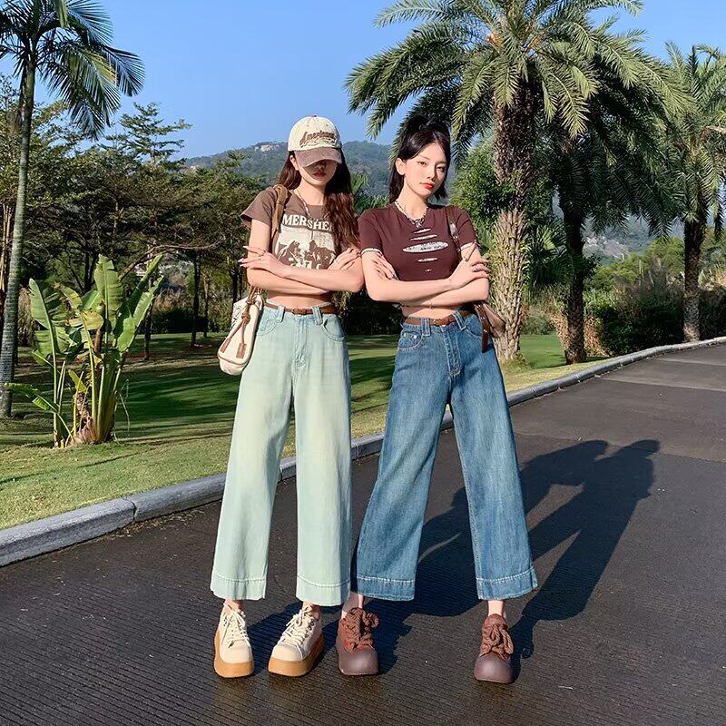 浅色阔腿牛仔裤女夏季韩系穿搭小个子显瘦九分裤高腰宽松直筒裤子