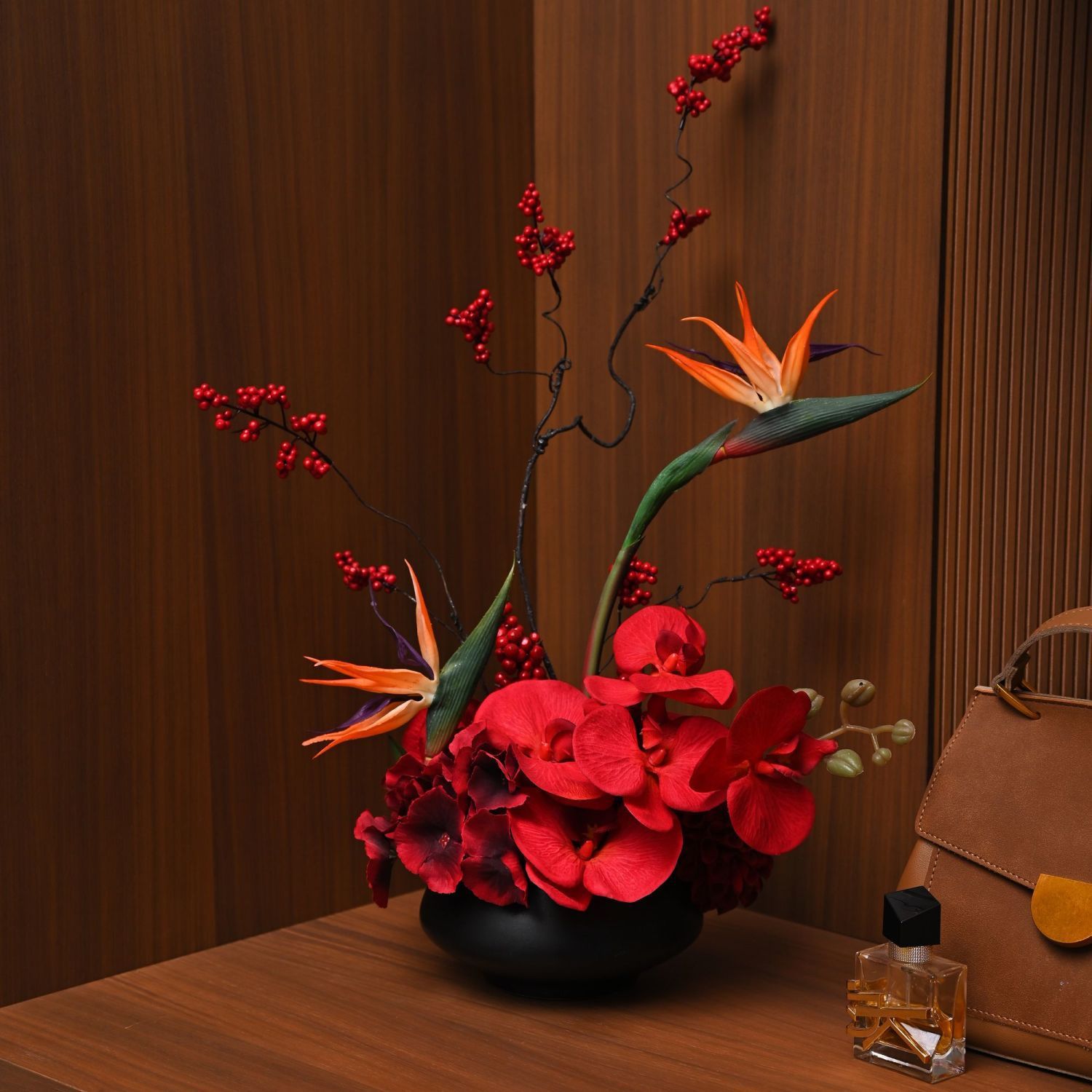 高端红色新年装饰仿真花摆件