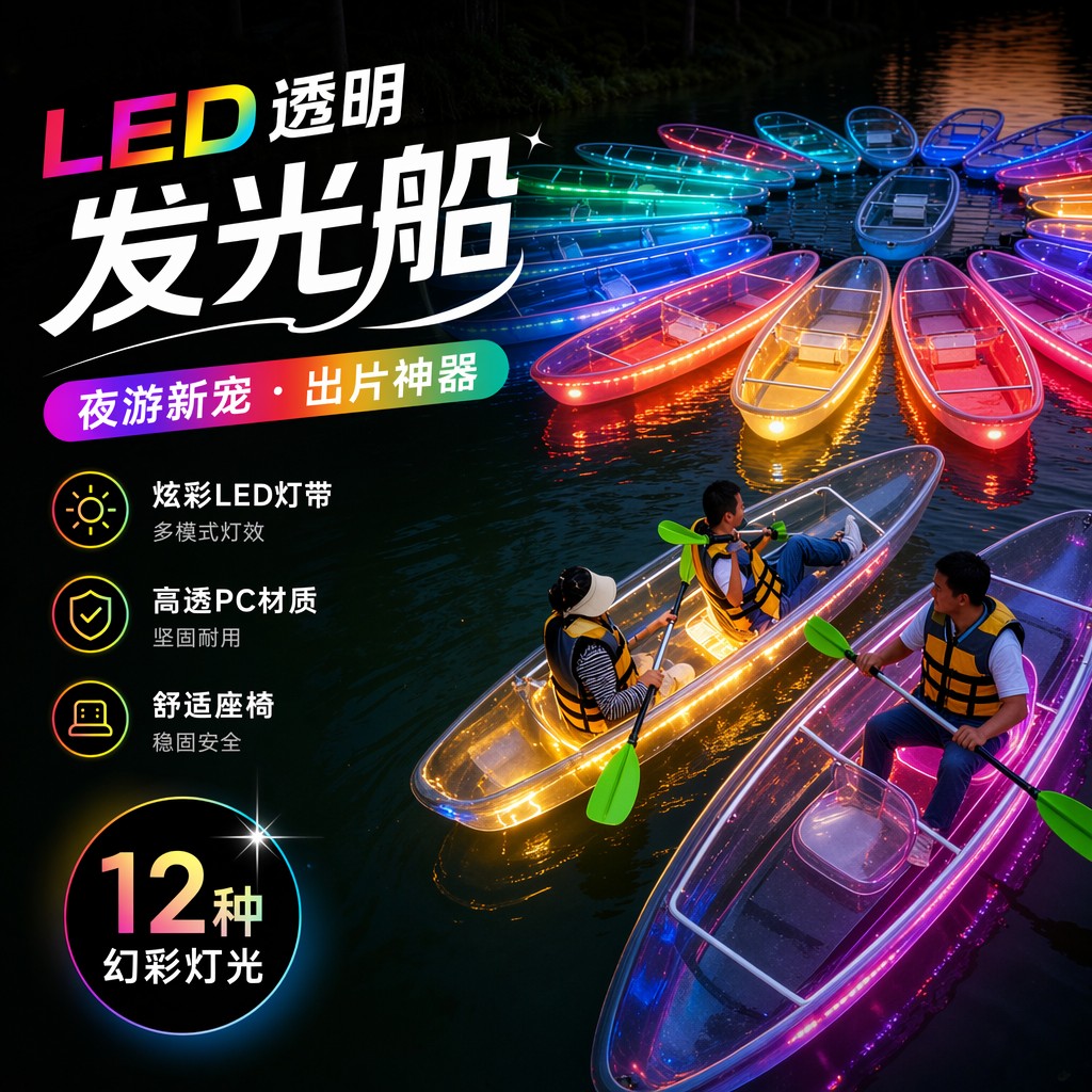 网红高透PC发光透明船七彩LED幻彩水晶船景区打卡双人透明独木舟