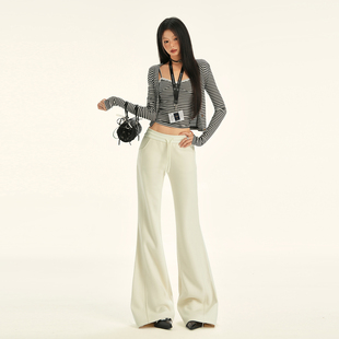 米白色醋酸羊毛分割结构显瘦女士中低腰休闲运动微喇长裤 BLU ERA