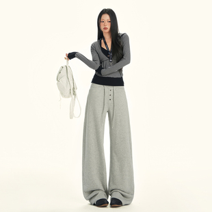 松紧腰抽绳宽松阔腿休闲裤 BLU 复古假门襟直筒灰色女卫裤 美式 ERA