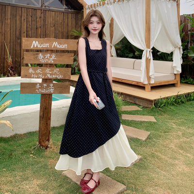 韩系小个子优雅宽松波点拼接连衣裙设计感女赫本风长裙送腰带