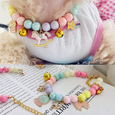 糖果色宠物铃铛项圈狗狗珍珠项链猫咪饰品蝴蝶结吊牌欧美