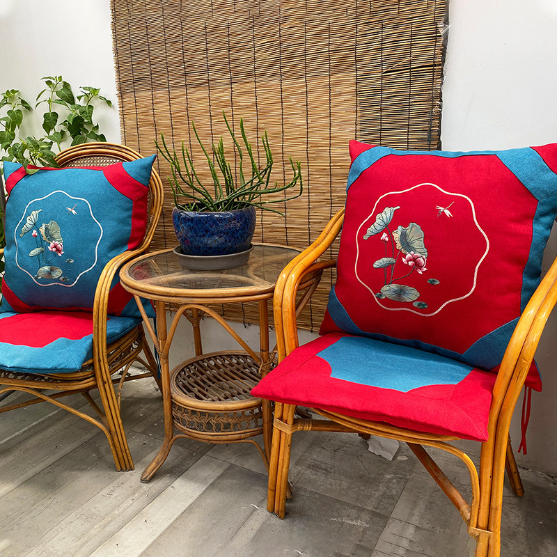 中式复古家居布艺中国风荷花绣花抱枕靠套圆椅凳含芯子