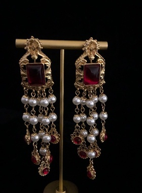 中古琉璃珍珠多层项链珍珠耳环套装欧美夸张复古长款流苏耳环项链