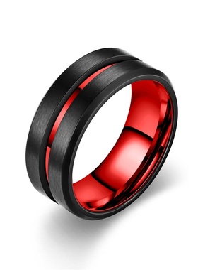 戒指男款欧美个性饰品双色红绿色开槽间黑不锈钢霸气时尚