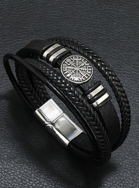 欧美复古风经文指南针时尚百搭多层手工编织男士手镯