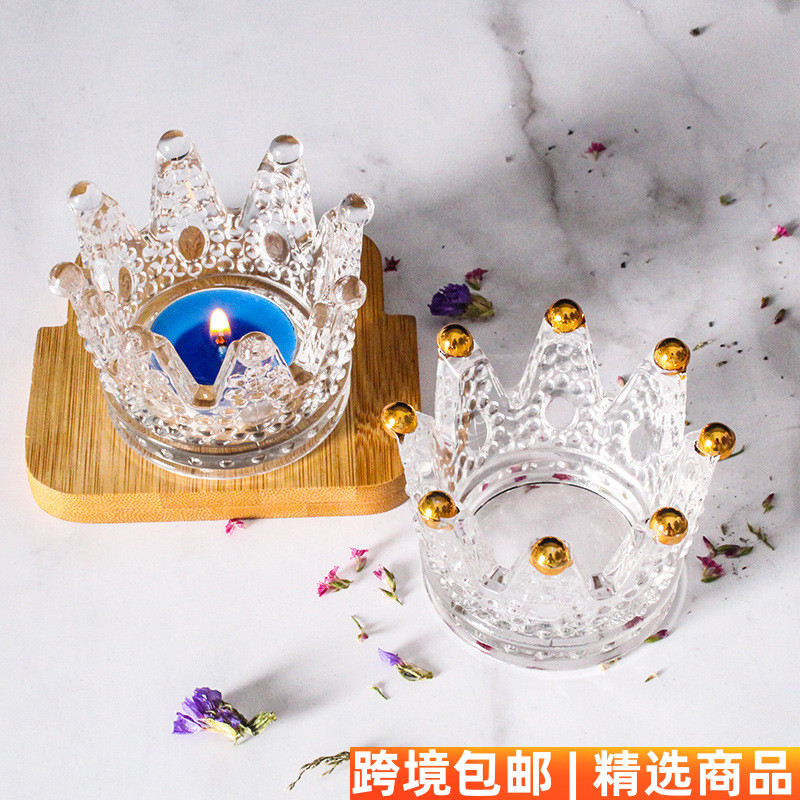 创意金珠个性潮流手工迷你项链盒皇冠玻璃烛台摆件海绵粉扑收纳盒