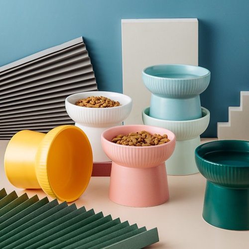 宠物陶瓷碗高脚猫碗陶瓷粮碗黑色碗陶瓷猫碗护颈防打翻陶瓷