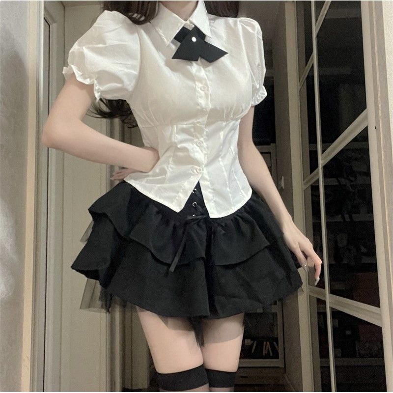 套装学院风日系JK制服女收腰显瘦泡泡袖衬衫上衣高腰蓬蓬蛋糕裙子