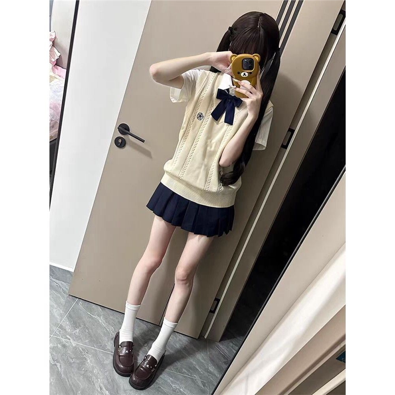 学院风甜美慵懒针织背心学生通勤马甲叠穿中山道线水手服短裙套装