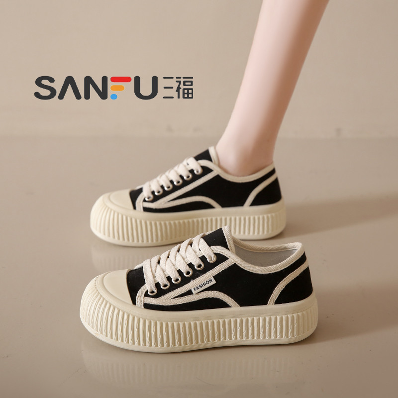 三福厚底帆布鞋透氣百搭餅干鞋