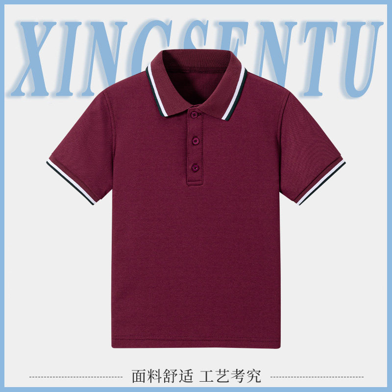 学校校服夏季中小学生短袖儿童英伦T恤男女童枣红条纹衣领polo衫