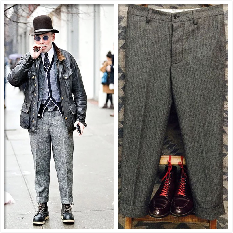 nick wooster欧美复古人字纹直筒裤男羊毛呢西装裤rrl风休闲长裤