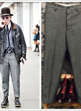Nick wooster欧美复古人字纹直筒裤男羊毛呢西装裤RRL风休闲长裤