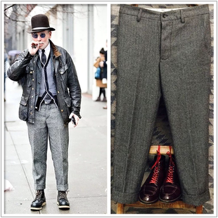 Nick wooster欧美复古人字纹直筒裤男羊毛呢西装裤RRL风休闲长裤