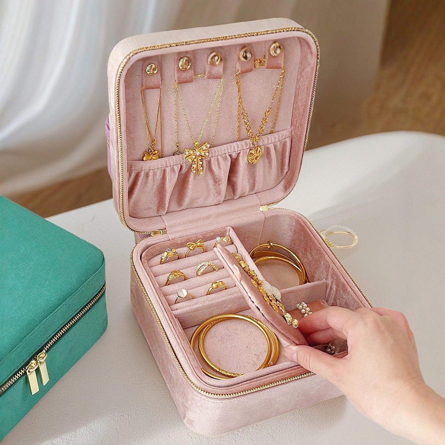 轻奢丝绒双层首饰盒高档精致大容量项链戒指手镯珠宝饰品盒防氧化