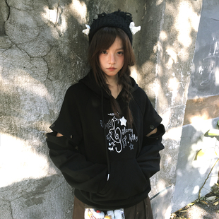 小猫藏星starrykitty音符黑色连帽卫衣抽绳拼接袖 型 「显瘦超正版