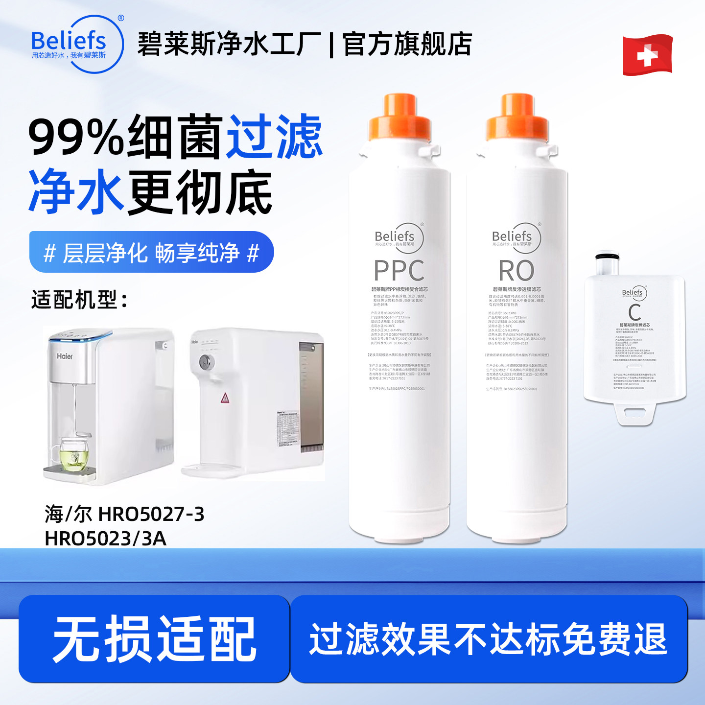 碧莱斯净水器滤芯适配海尔HRO5023-3A/5027-3台式反渗透RO复合PPC