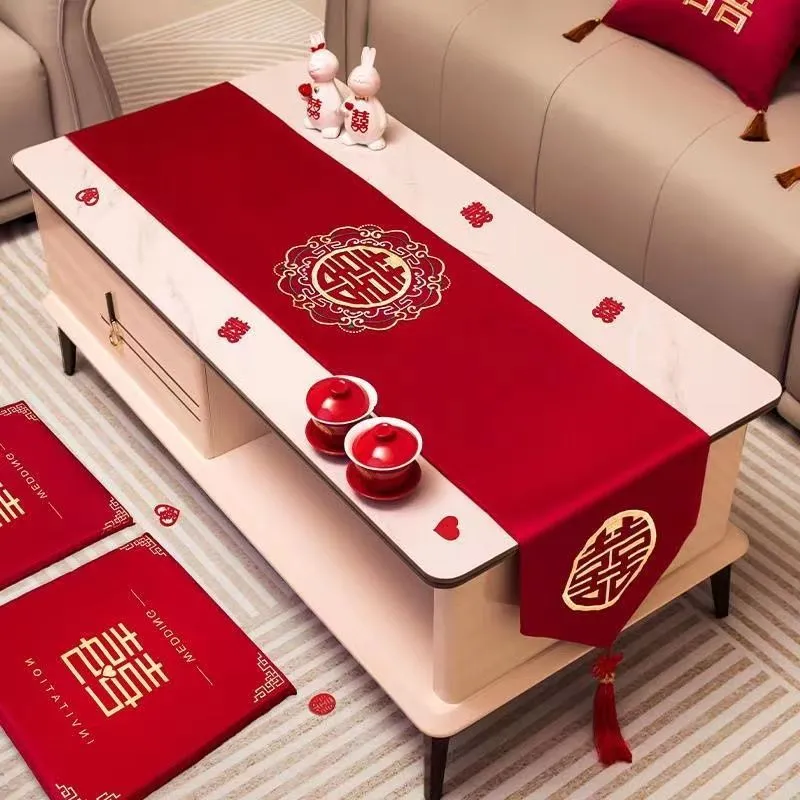 新店福利茶几结婚桌布红色桌旗餐桌盖布布置婚房装饰婚礼新房婚庆