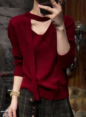 红色V领长袖针织衫女2025秋冬新款高级感飘带设计轻奢大码毛衣潮