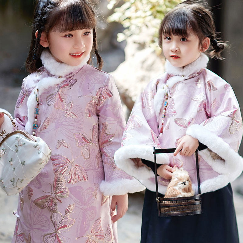 真兔毛棉袄儿童旗袍女童拜年服中国风女童冬款夹棉小女孩新年服