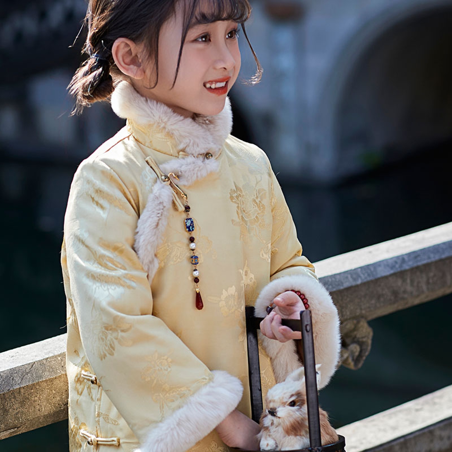 真兔毛全开襟儿童旗袍中国风女童拜年服民国风中国风外套新中式