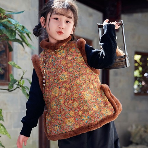 真兔毛棉袄儿童旗袍女秋冬冬季中国风女童冬款小女孩马甲新中式