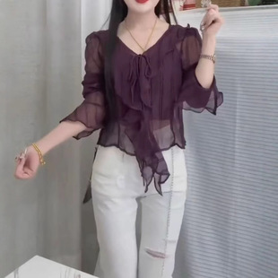 裤 法国topwhit夏季 上衣高腰修身 新款 女 甜美荷叶边喇叭袖